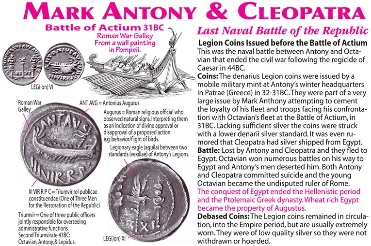 Mark Antony Coin, Cleopatra Coin, Battle of Actium, Legion Coins, Augustus, End of Republic, Death of Antony & Cleopatra
