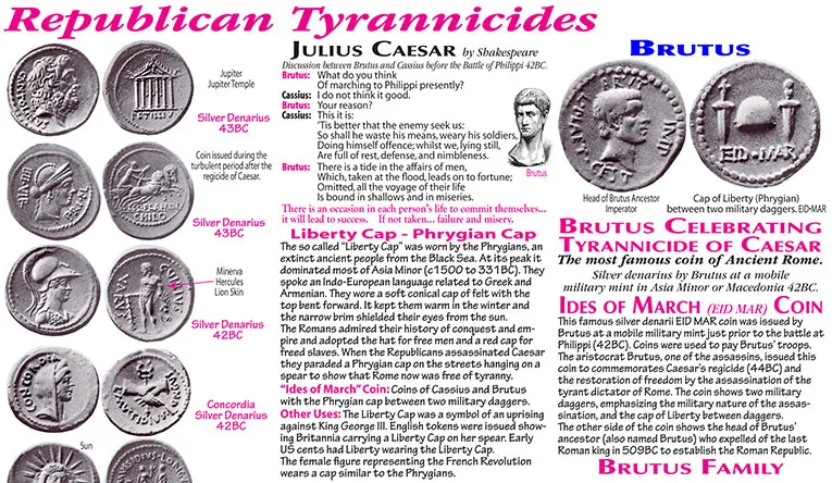 Tyrannicide Coins, Caesar Regicide, Brutus, Cassius, Ides of March Coin, Eid Mar Coin, Liberty Cap, Phrygian Cap, Silver Denarius, Jupiter