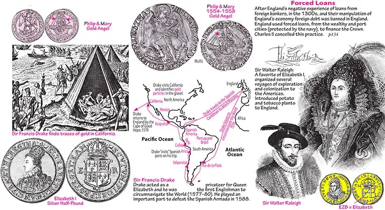 Philip & Mary Gold Angel Coin, Sir Francis Drake in California, Elizabeth I Half Pound Coin, Sir Francis Drake Map, Queen Elizabeth I
