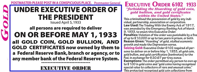 FDR Seizure of Gold 1933, FDR Executive Order 6102 1933, Emergency Bank Act 1933